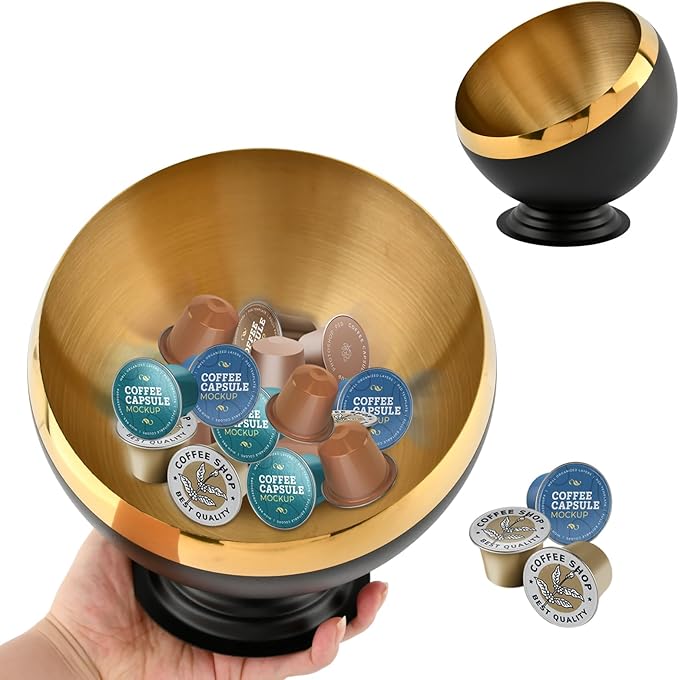 Coffee Pod Holder, Large Capacity Stainless Steel K Cups Holder Organizer Bowl Coffee Capsule Creamer Container Basket, Espresso Pods Storage for Bar Station, Counter (Black Gold)