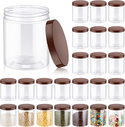 Irenare 24 Pcs 16 oz Plastic Jars with Lids Clear Plastic Containers Wide Mouth Food Mason Jars Airtight Storage Containers for Cake, Dried Fruit, Honey, Nuts, Carft, Scrub Cream(Brown Lids)