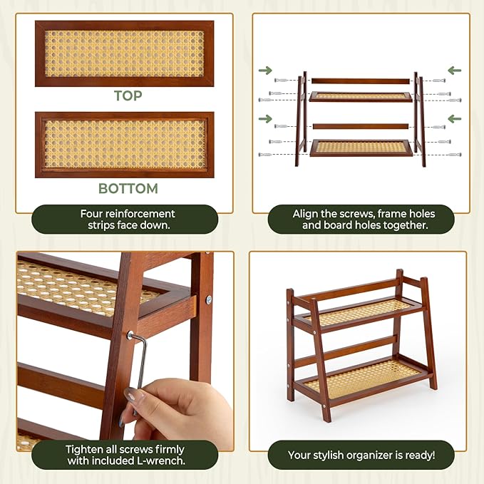 ANBOXIT Rattan-Look Matcha Station Organizer, Countertop Bamboo Tea & Coffee Accessories Station Organizer, 2 Tier Mug Holder Display Stand for Kitchen Condiment, Home, Office - Brown