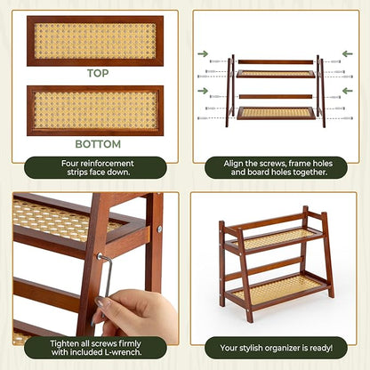 ANBOXIT Rattan-Look Matcha Station Organizer, Countertop Bamboo Tea & Coffee Accessories Station Organizer, 2 Tier Mug Holder Display Stand for Kitchen Condiment, Home, Office - Brown