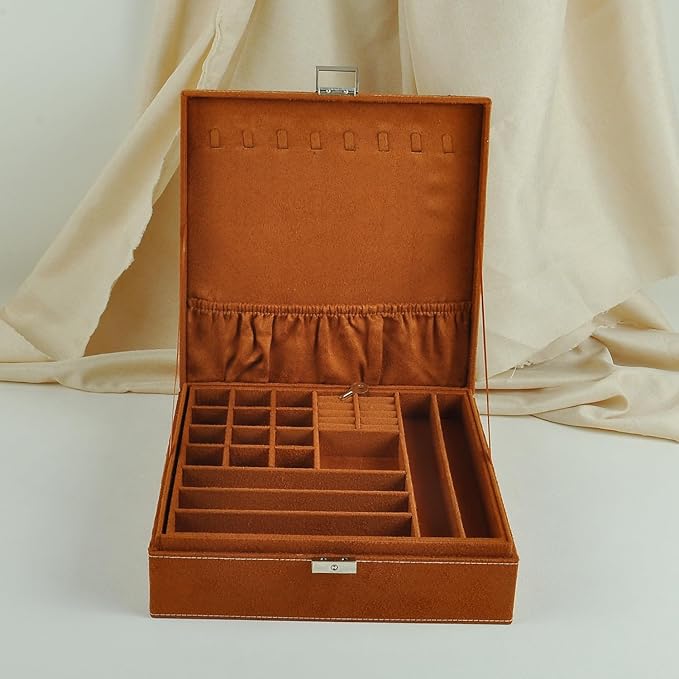 Jewelry Boxes 10 x 10 Inches 2-layer Handle Necklace Holder Organizer Jewellery Women Rings Storage Display Girls Earrings Case Lockable Jewelry Tray GY641 (Caramel)