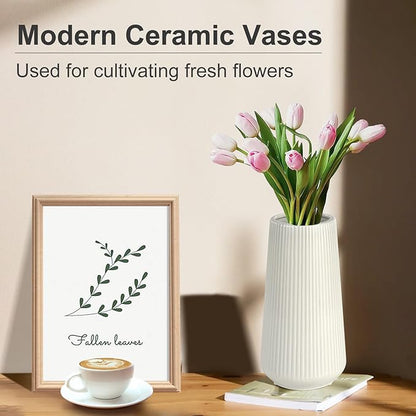 White Ceramic Vase for Flowers, Tall Home Decor Vase with Ribbed Texture, Vases for Centerpieces, Farmhouse Decor, Living Room, Decor Bedroom, Table, and Kitchen Shelf (XL White)