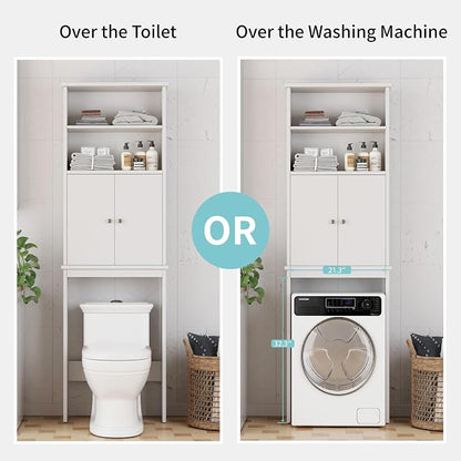 Shintenchi Over the Toilet Storage Cabinet, Bathroom Above the Toilet Rack, Bathroom Adjustable Shelf Organizer with Open Bottom Bar and Anti-Tip Device, White