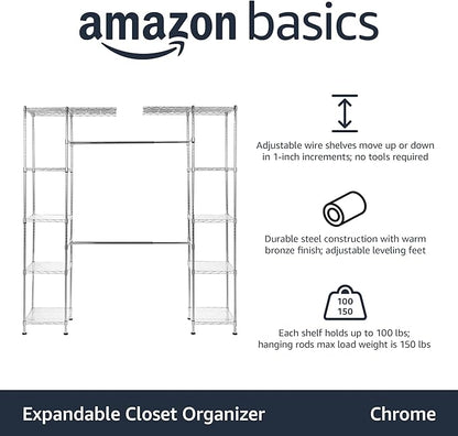 Amazon Basics Expandable Adjustable Metal Hanging Storage Organizer Rack Wardrobe with Shelves, 57-80 x 14 x 72 inches (LxWxH), Chrome