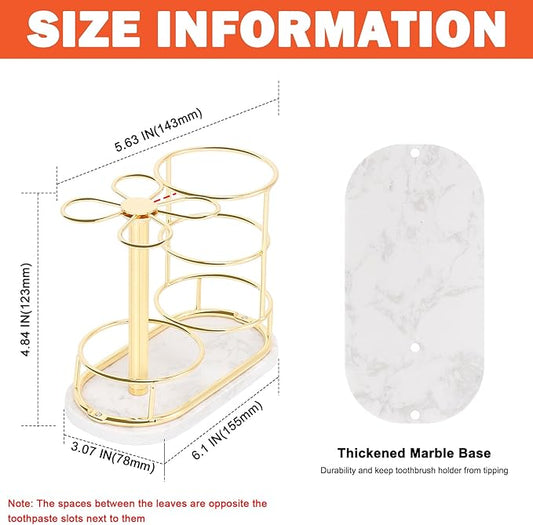 Toothbrush Holder Stand for Bathroom, Metal Toothbrush Organizer with Marble Base, Toothbrush Storage Collection for Family, Suitable for Home Hotel Countertop Vanity (Medium, Gold)