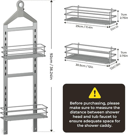 Orimade Adjustable Anti-slip Shower Caddy over Shower Head, Rustproof Bathroom Hanging Organizer with 2 Hooks for Razor, No Drilling Shelves Storage Rack 2 Tier, Light Grey