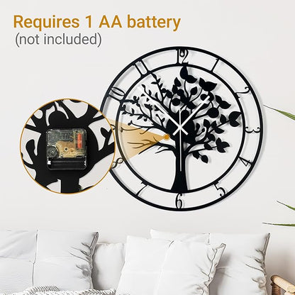 Blorple 16inch/40cm Tree of Life Large Wall Clocks for Living Room Decor,Bedroom,Battery Operated,Metal,Decorative Analog,Silent,Non Ticking Big Wall Clock(Tree of Life, 16 inches)