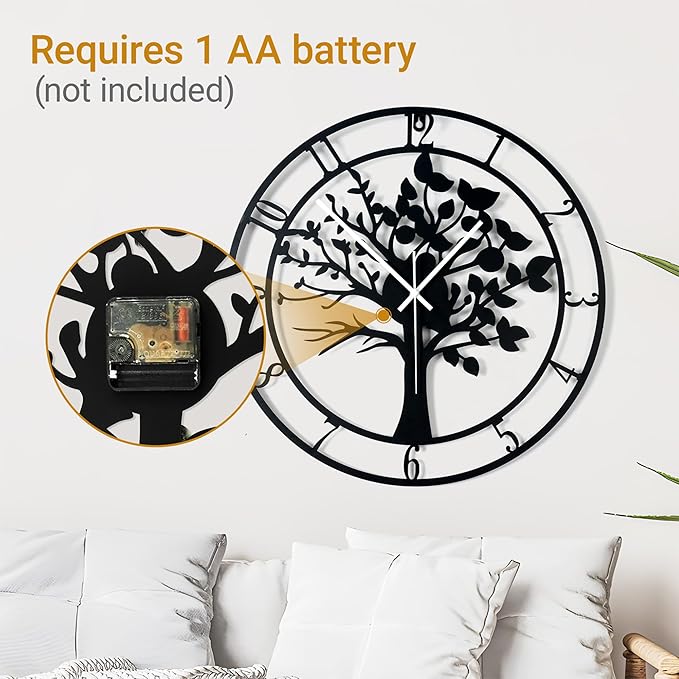 Blorple 24inch/60cm Large Tree of Life Wall Clocks for Living Room Decor,Bedroom,Battery Operated Big Metal Decorative Analog Silent Non Ticking Wall Clock,Room Wall Decor (Tree of Life, 24 inches)