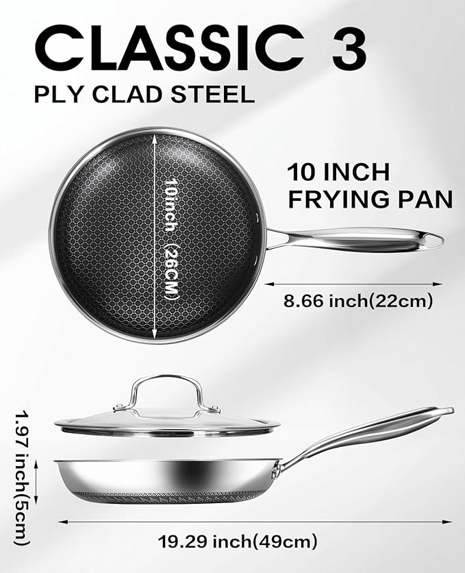 Nonstick Frying Pans with Lid,10-Inch Stainless Steel Skillet with Honeycomb Surface,Dishwasher-Friendly,Oven-Safe,Induction Compatible,PFAS-Free,Non-Toxic,Compatible with All Cooktops.