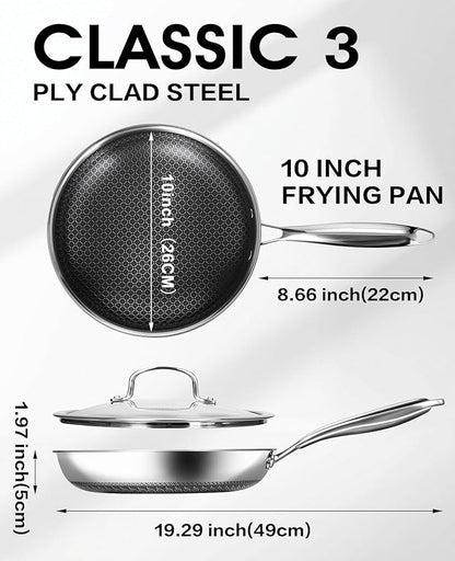 Nonstick Frying Pans with Lid,10-Inch Stainless Steel Skillet with Honeycomb Surface,Dishwasher-Friendly,Oven-Safe,Induction Compatible,PFAS-Free,Non-Toxic,Compatible with All Cooktops.