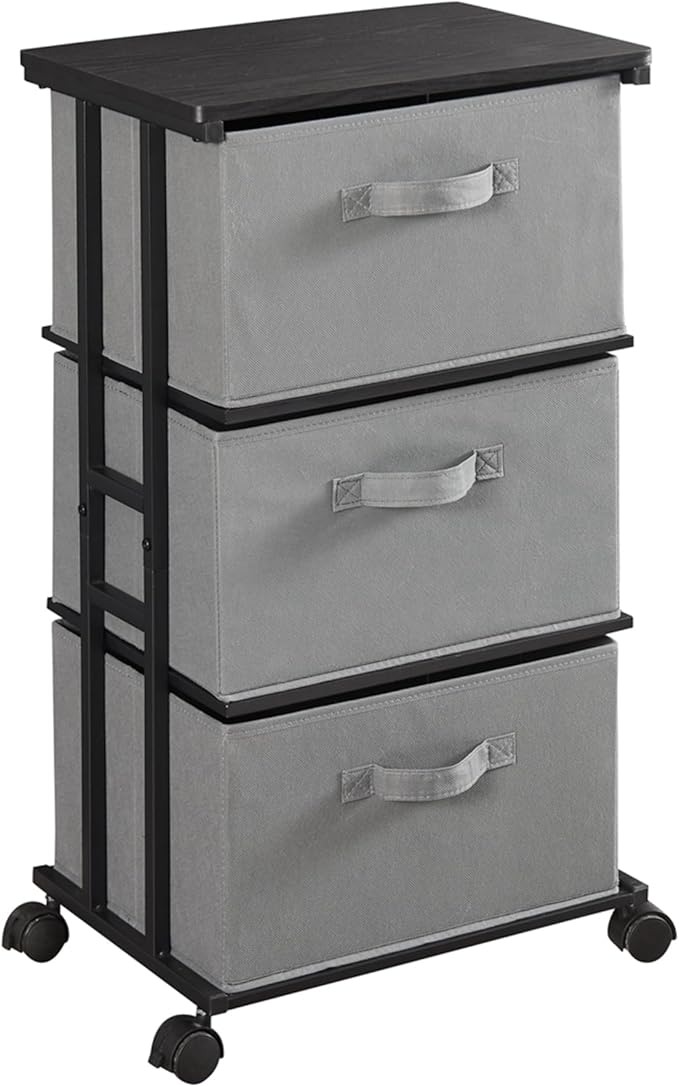 MAX Houser Dresser Tower with 3 Drawers for Bedroom, Fabric Storage Organizer Unit, Chest of Drawers with with WoodTop, Small Vertical Storage for Guest Room, Closet, Entryway(Grey)
