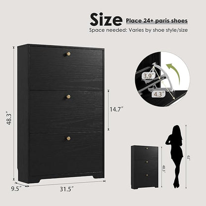 Nicetree Shoe Cabinet with 3 Flip Drawers, Narrow Shoe Organizer Cabinet, Freestanding Shoe Rack Cabinet, Modern Shoe Storage Cabinet for Entryway, Hallway, Foyer, Black with Hook