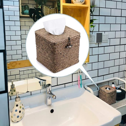 Sumnacon Tissue Box Cover Square Seagrass Tissue Box with Lid, Woven Tissue Box Holder Rustic Cube Tissue Cover for Bathroom Toilet Bedroom Living Room Kitchen Table Desk Office Car, Coffee