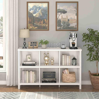 FATORRI 6 Cube Storage Organizer with Shelf, 47 Inch Long Horizontal Bookshelf, Wood and Metal Cube Bookcase, Low Book Shelf for Living Room, Home Office (White Oak)