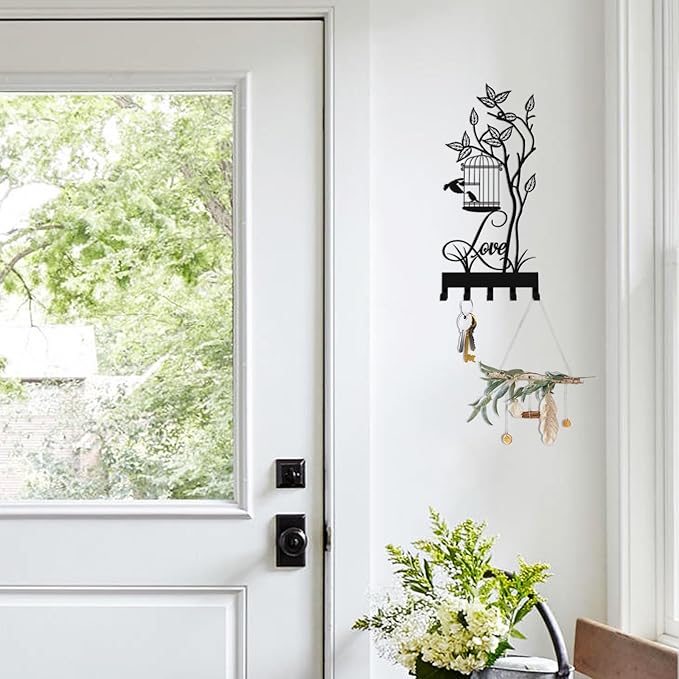 Key Holder for Wall, Metal Key Holder Hooks Organizer Rack, Key Organizer Wall Decorative with 5 Hooks for Entryway, Front Door, Hallway, Bedroom, Office (12 Inches, Birdcage)