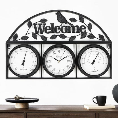 26Inch Large Outdoor Clock,Waterproof Wall Clock with Thermometer and Hygrometer Combo,Weatherproof Non-Ticking Battery Operated Decor Clock for Patio,Garden,Pool,Porch,House Warming Gifts