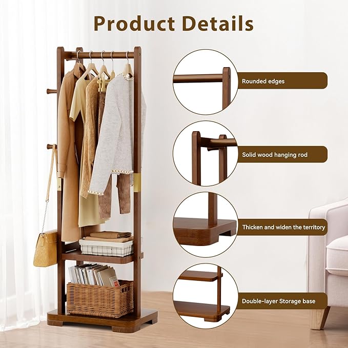 Solid Wood Clothes Rack Coat Rack with 2 Shelves & 4 Hooks for Hanging Clothes Garment Wallets Hats, Clothing Rack Coat Rack Freestanding Hall Tree with Storage for Hallway Bedroom Living Room