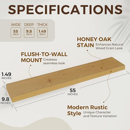 Dreamland 55 Inches Floating Shelves for Wall, 9.8" Deep Long Floating Shelves Set of 2, Large Display & Storage Shelf, Wall Shelf for Bathroom Bedroom Living Room Kitchen Office, Oak