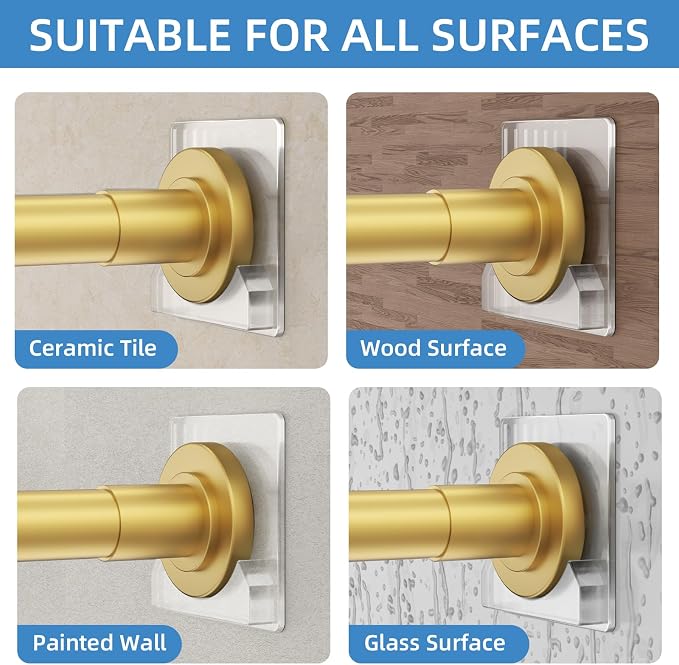 CorkLatta Gold Shower Curtain Rod,1 Inch Diameter Stainless Steel Adjustable Spring Tension Rods 32 to 80",with Holders,Anti-Slip,Curtain Rods No Drilling(1 Pack)