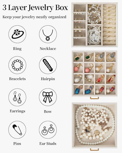 TORIBIO Jewelry Box for Women, Leather Jewelry Organizer with Mirror & Lock, 3-Tier Jewelry Storage Organizer with 2 Drawers for Girls/Women/Mothers, Necklace Earring Bracelets Holder Organizer