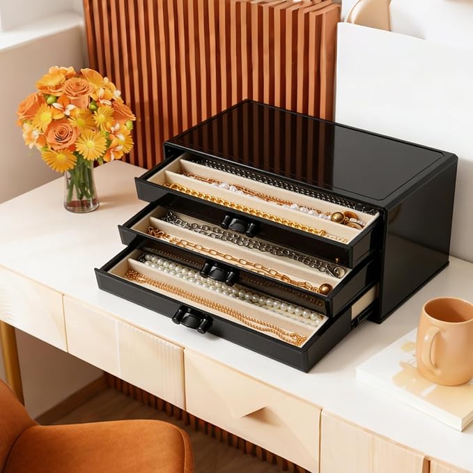 YUFONG Necklace Holder Organizer, Dustproof Necklace Box Velvet Necklace Organizer Box with Lid Clear Acrylic Dustproof Stackable Jewelry Displays for Necklaces Chain Display (Black Beige, 3 Drawer)