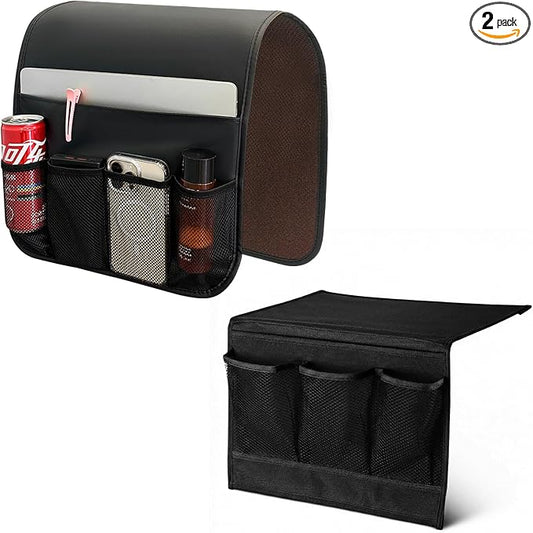 Bedside Caddy Organizer & Remote Control Holder for Couch, Non-Slip Armchair Caddy Storage with Multiple Pockets, TV Remote Holder for Bed, Sofa Armrest Organizer for Glasses Phone Magazine(2pcsBlack)