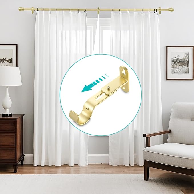 Adjustable Curtain Rod Brackets, Metal Window Drapery Rod Hanger Holders Hooks for 1 inch Rods (Warm Gold, Set of 3)