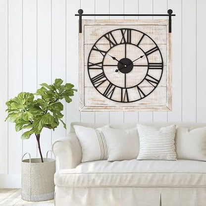 Vintage Barn Door Wall Clock - Distressed White Wash Finish, Large Rustic Farmhouse Wood Clock for Home, Wall and Farmhouse Décor, 24x23.6 Inches