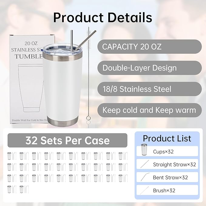 IEOVIEE 32 Pack, 20oz Stainless Steel Bulk Tumblers with Lids and Straws, Double Wall Insulated Travel Coffee Mug, Durable Powder Coated Tumbler Bulk Cup for Cold and Hot Drinks(White)