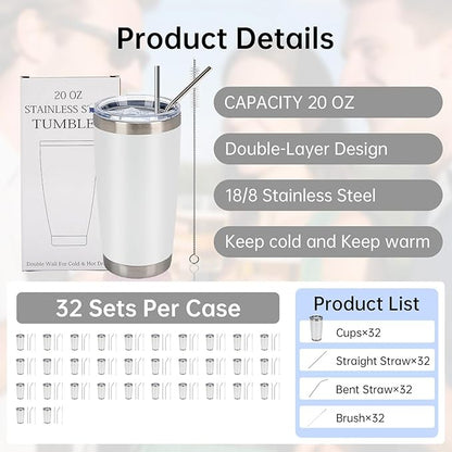 IEOVIEE 32 Pack, 20oz Stainless Steel Bulk Tumblers with Lids and Straws, Double Wall Insulated Travel Coffee Mug, Durable Powder Coated Tumbler Bulk Cup for Cold and Hot Drinks(White)