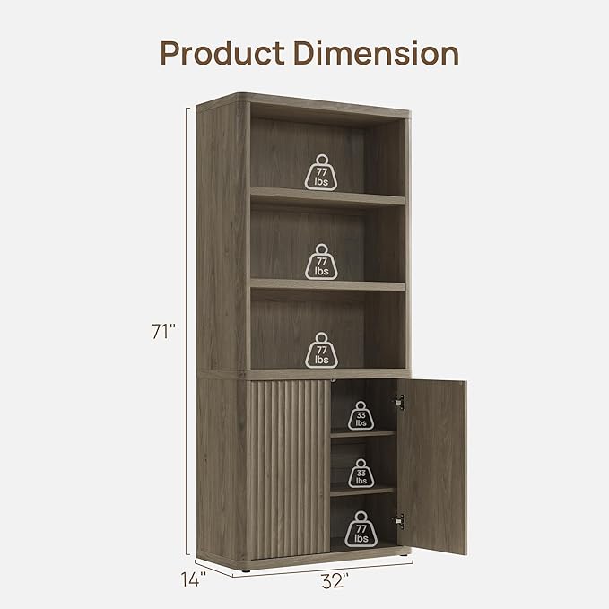 SICOTAS Book Shelf with Doors 71" Tall 6 Tier Bookshelf with Adjustable Shelves Fluted Booshelves & Bookcases Modern Book Case with Large Storage Display Cabinet for Living Room Home Office Bedroom
