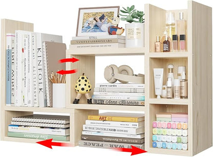 NUTIKAS Desk Shelves Desktop Organizer Shlef - Natural Wood Tone Office Organization for Top of Desk Organizers and Accessories Corner Bookshelf Table Top Shelving Small Hutch Decorations for Office