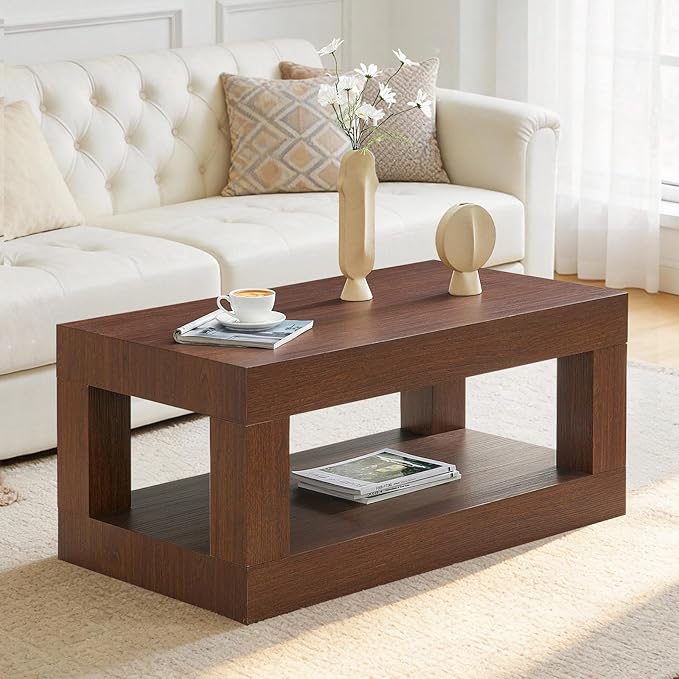 LKTART 39.37" Coffee Table with Storage, 2-Tier Mid Century Rectangular Accent Table with Thick Tabletop, Rustic Style Cocktail, Center Table for Living Room, Office, Apartment (Dark Walnut)