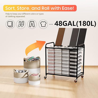 Laundry Sorter 4 Sections 48 Gal, Rolling Laundry Basket with Lockable Wheels and Lid, Laundry Hamper with 4 Separated Removable Bags Dirty Clothes Hamper for Laundry Room, Multicolor