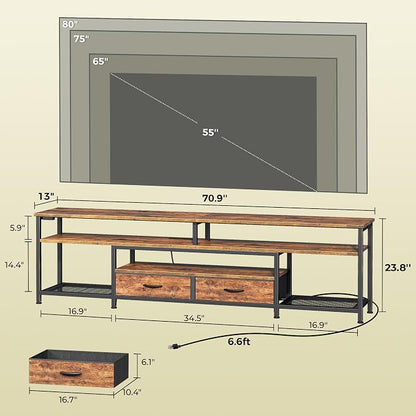 Huuger TV Stand for 75 80 Inch TV, Entertainment Center with Power Outlets and LED Lights, 70.9 Inch TV Console for Living Room, Media Console with Drawers and Shelves, Rustic Brown