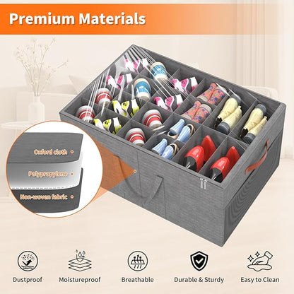 Aokeyee Shoe Organizer for Closet, 2 Pack Large Shoe Storage Box Fits up to 24-48 Pairs, Space Saving Foldable Shoes Organizer Bin w/Clear Cover and 4 Reinforced Handles, Grey