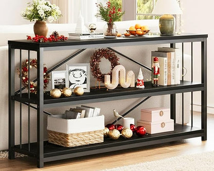 LVB Black Entryway Table, Modern Narrow Console for Hallway, Industrial Farmhouse Foyer Table with Storage Shelves, 63 Inch