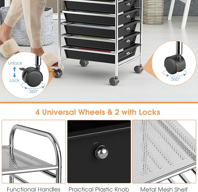 OFFICEJOY Storage Cart, Rolling Utility Cart with 10 Drawers, Portable Handles & Lockable Wheels, Mobile Paper Toys Storage Organizer Large Capacity for Home Office School Teacher (Black)