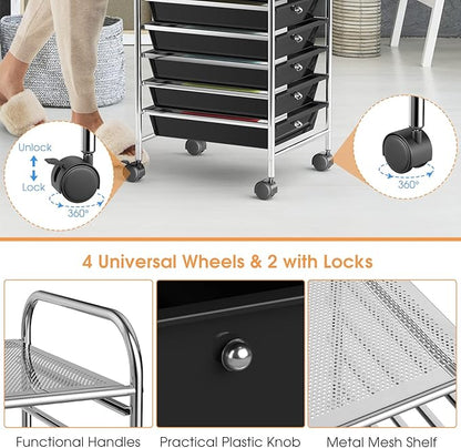 OFFICEJOY Storage Cart, Rolling Utility Cart with 10 Drawers, Portable Handles & Lockable Wheels, Mobile Paper Toys Storage Organizer Large Capacity for Home Office School Teacher (Black)