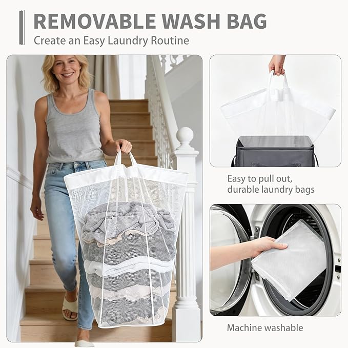 CHICVITA 100L Rolling Laundry Basket with Wheels, Large Collapsible Laundry Hamper with Removable Wash Bag Space for Corner Dorms, Grey