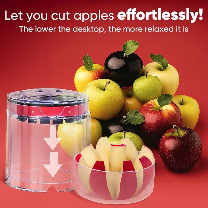 OOKUU 5.12-Inch Professional Apple Slicer, 8-Slice Heavy Duty Stainless Steel Apple Cutter with Clear Bowl, Extra Large Corer for Apples, Safe Full-Cut Design