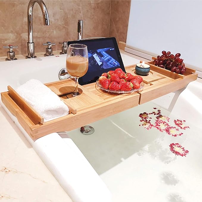 Bath Caddy Tray Bamboo Bathtub Tray Caddy Expandable with Wine Glass Holder and Book Stand