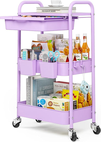 3 Tier Metal Rolling Utility Cart with Drawer & Lockable Wheels - Heavy Duty Multifunctional Storage Organizer with 2 Cups and 4 Hooks for Bathroom, Kitchen, Snack, Craft, Makeup, Baby Essentials