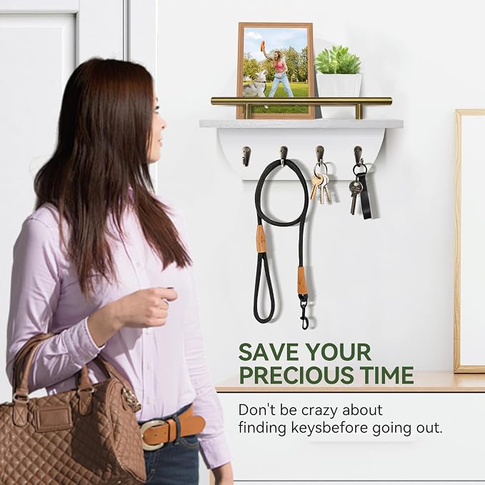 Key Holder Wall Mount Mail Organizer with Shelf & 4 Hooks, Semicircle Decorative Key Rack, Rustic Key Hanger for Entryway, Apartment Essentials, Home Decor Aesthetic