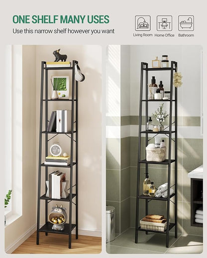 Ladder Shelf, Bookshelf Bookcase, Freestanding Corner Storage Shelve with 2 Hooks for Home Office, Living Room, Kitchen, Bedroom, Industrial, 11.8" D x 13.4" W x 72.8" H, Black BC13304B