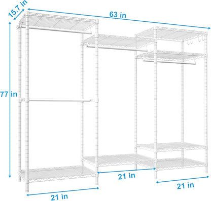Ulif E13 Heavy Duty Clothes Rack（With 4 Hanger Rods & 8 Shelves） Freestanding Clothing Racks for Hanging Clothes，Adjustable Closet Organizer，Metal Garment Rack 63" W x16 D x77 H，Max Load 900LBS，White
