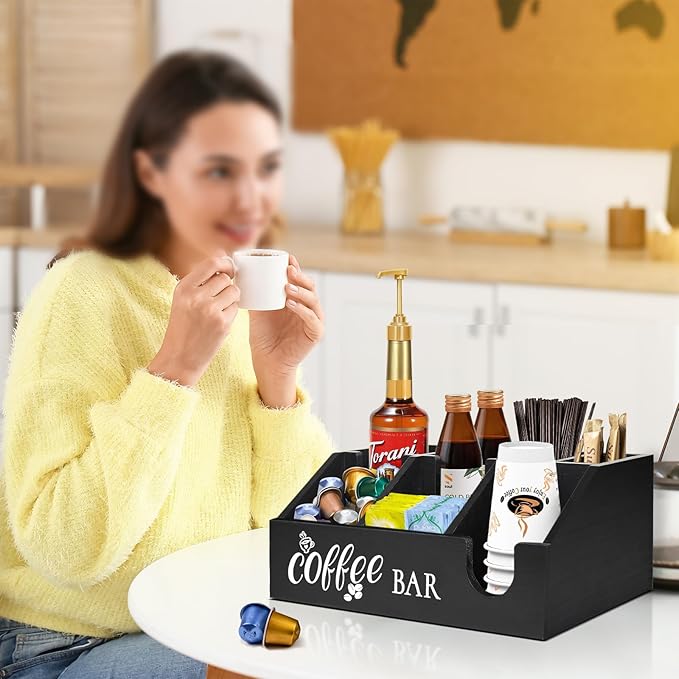 Coffee Station Organizer, Coffee Cup Holder for Counter, Wood Coffee Pod Holder Storage Basket, Tea Condiment Organizer for K Cup Sugar, Rustic Coffee Bar Decor for Coffee Accessories