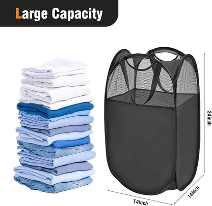 TECHMILLY Pop Up Foldable Laundry Basket, Mesh Laundry Hamper with Reinforced Handles for Dirty Clothes Storage in Dorm, Laundry Room, Bathroom, Black(Fabric), 3 Pack