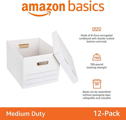Amazon Basics Medium Duty Storage/Filing Boxes with Lid and Handles, Legal/Letter Size, Collapsible, Foldable, Tape-Free Assembly, 16.2" L x 12.5" W x 10.5" H, White, 12-Pack