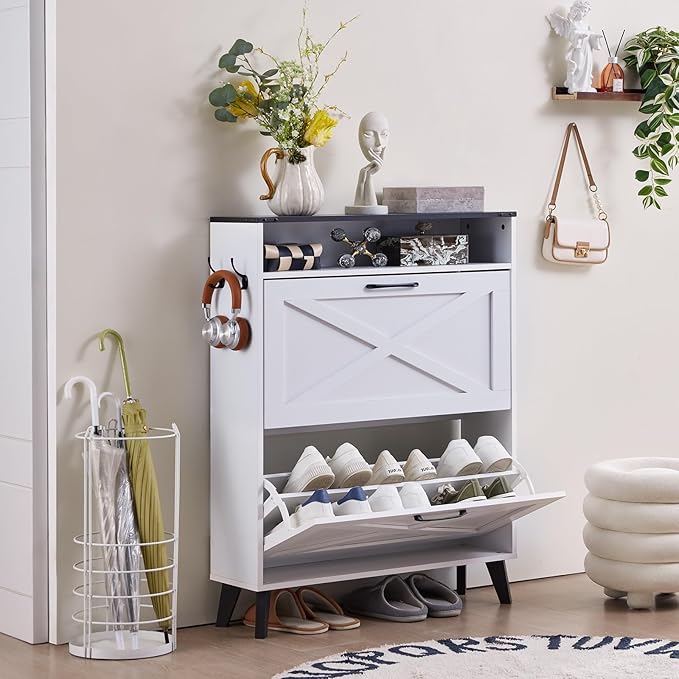 Shoe Storage Cabinet with 2 Flip Drawers, Farmhouse Shoes Organizer for Entryway, Narrow Hidden Shoe Rack with Wooden Legs & Open Storage, Free Standing Shoe Closet for Foyer, Hallway, White